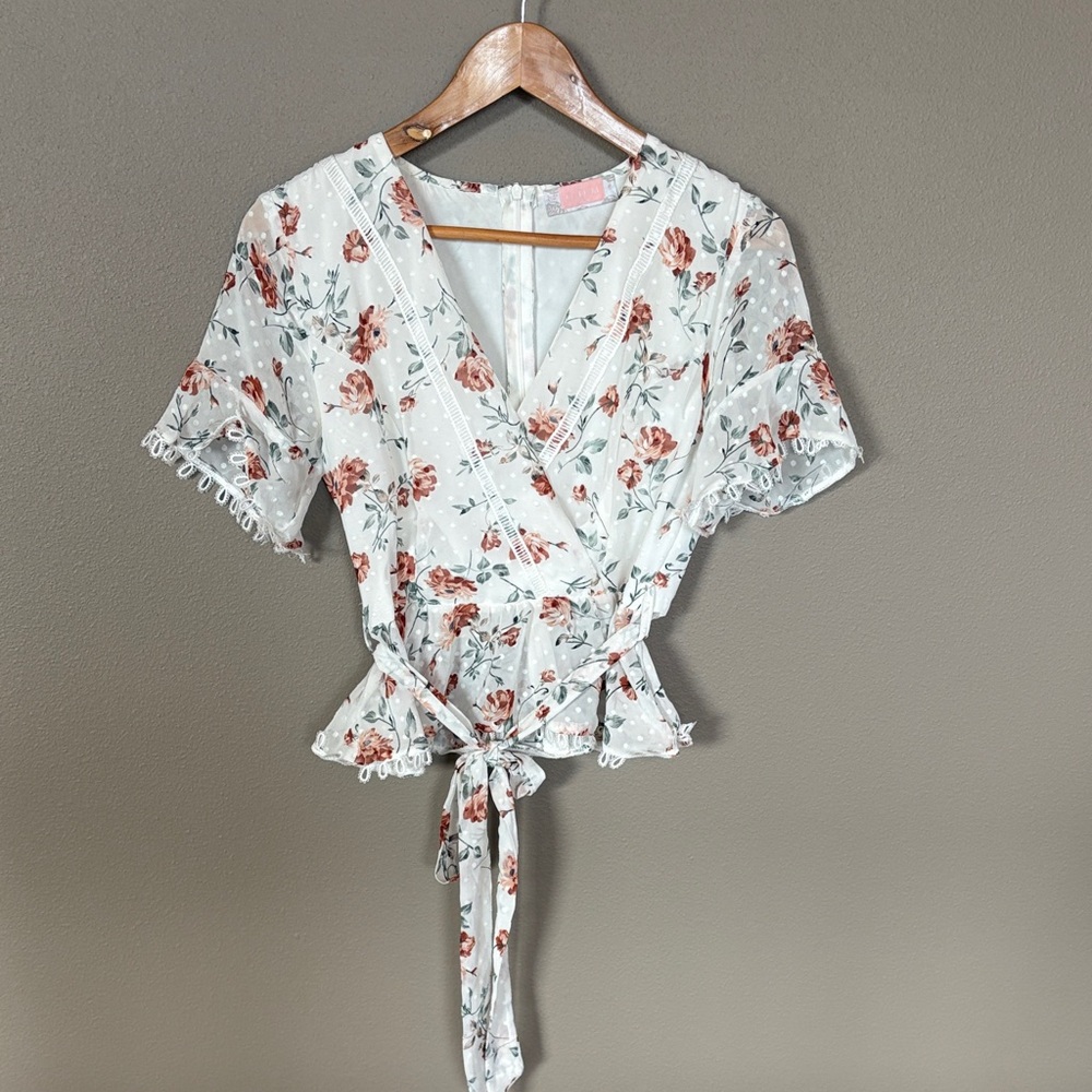 Elegant Floral Wrap Blouse - White and Red